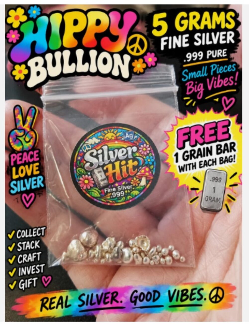 HAPPY HIPPY BULLION BAG! 5 Grams .999 Pure Ag Silver + Free Mini Bar